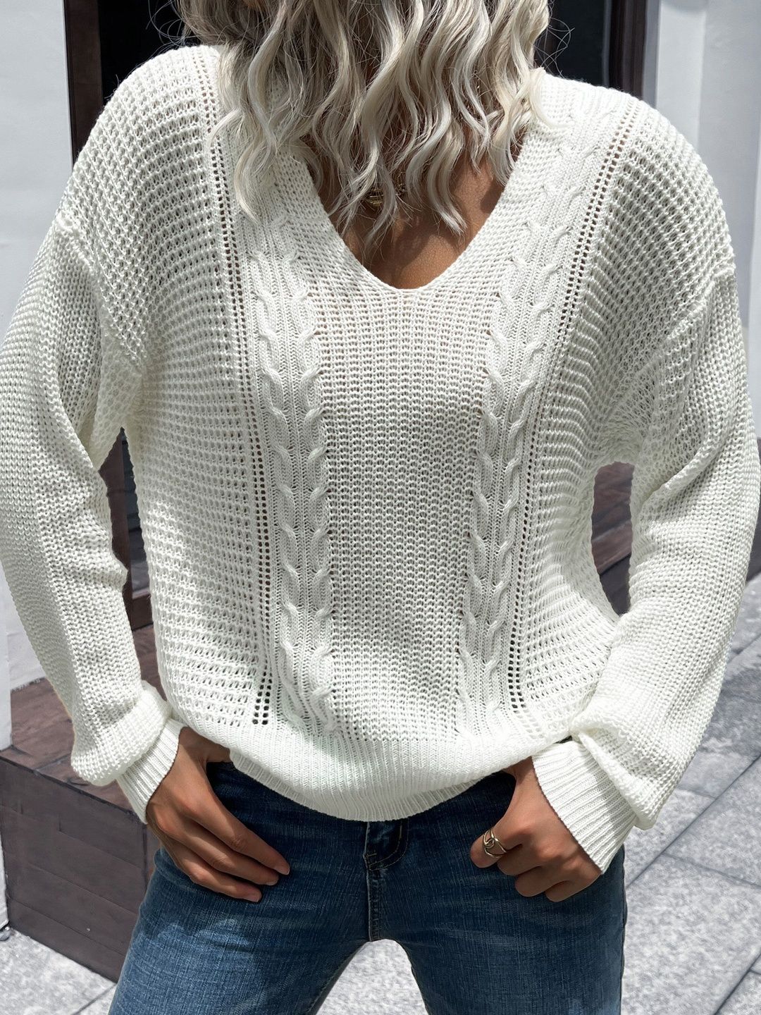 Women's Grey Nowi Women Cable Knit Pullover Printed