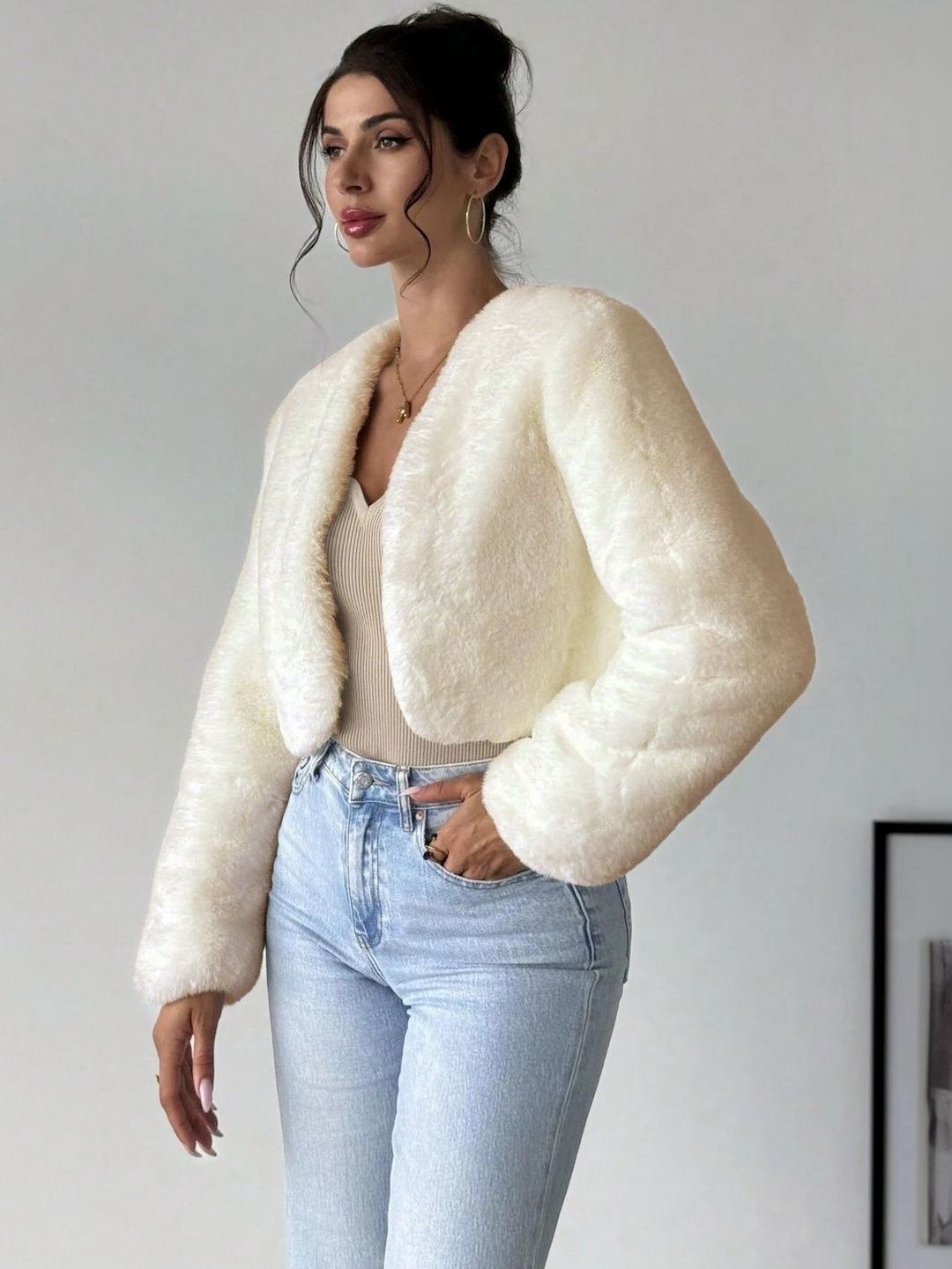NOWI Women Woollen Lightweight Crop Open Front Jacket