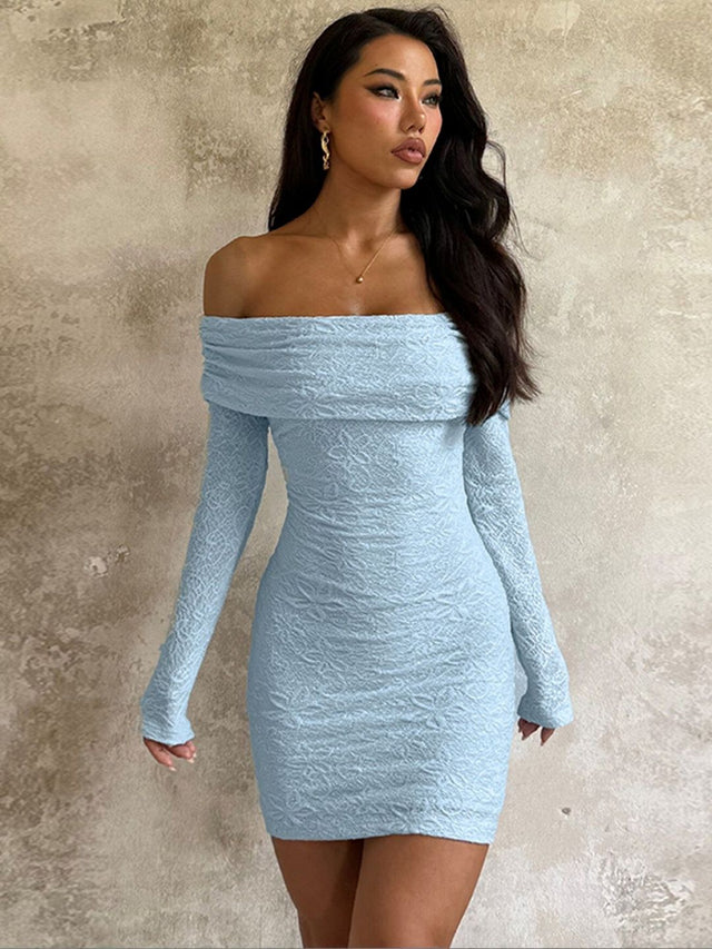 Off-Shoulder Bodycon Mini Dress in Blue cotton - Nowi Korean Fashion