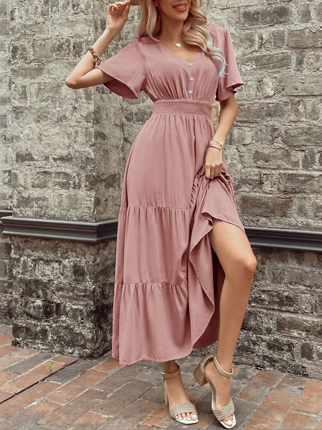 Flutter Sleeve A-Line Midi Dress in Pink cotton - Nowi Korean Fashion
