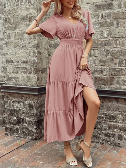 Flutter Sleeve A-Line Midi Dress in Pink cotton - Nowi Korean Fashion