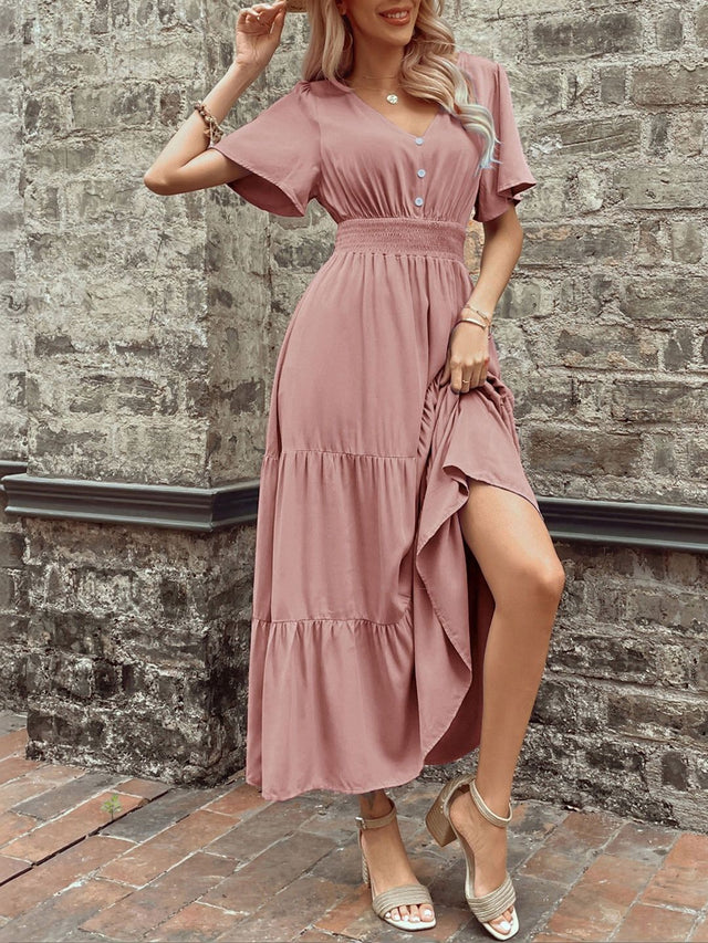 Flutter Sleeve A-Line Midi Dress in Pink cotton - Nowi Korean Fashion
