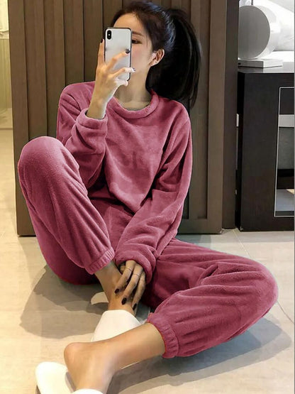 Round Neck Long Sleeves Night Suit in Pink Fleece - Nowi Korean Fashion