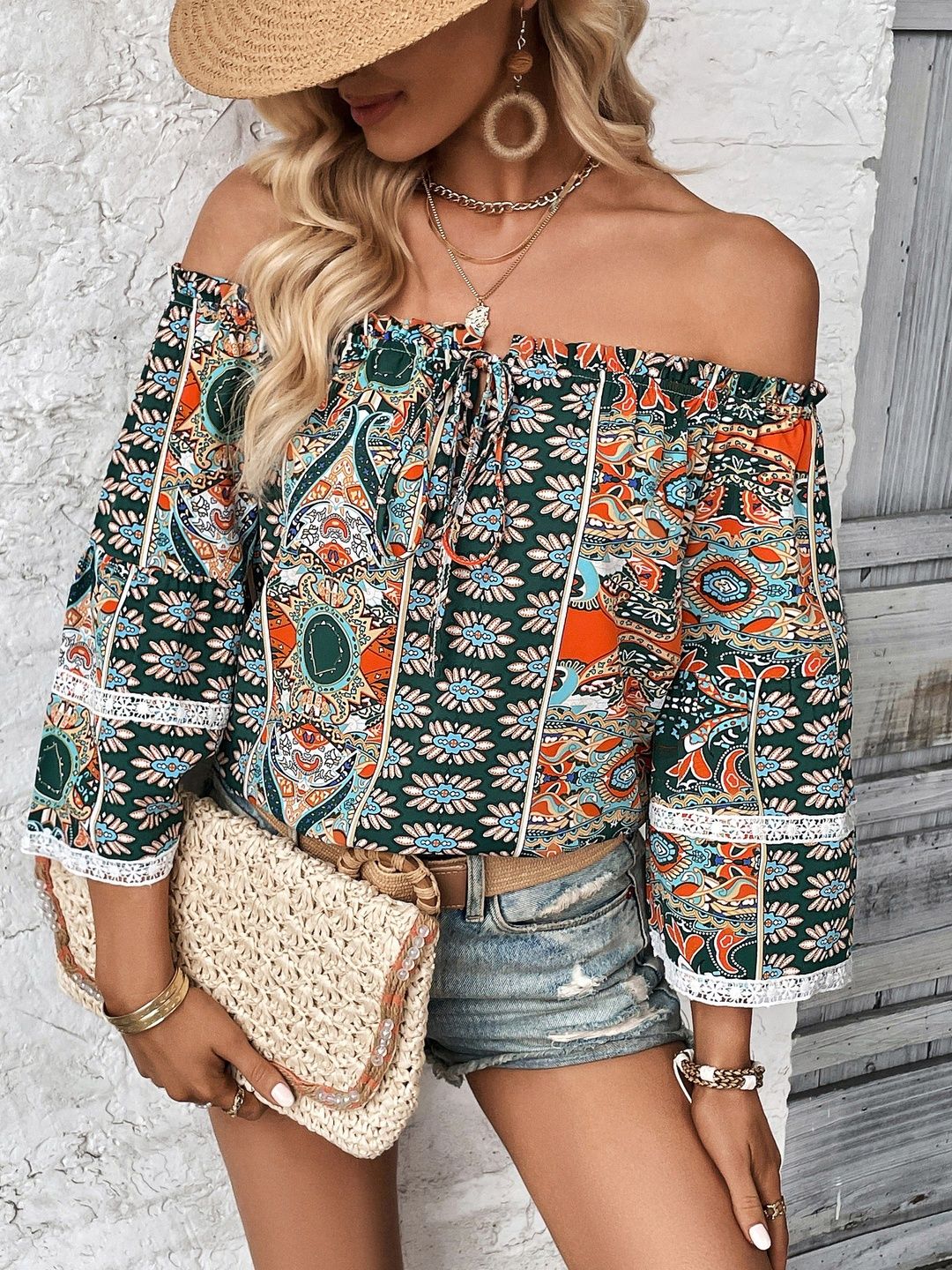 Print Off-Shoulder Bell Sleeve Bohemian Cotton Top