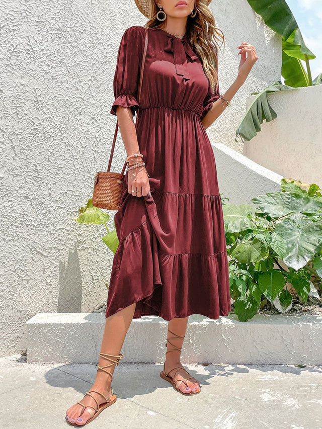 Tie-Up Neck Puff Sleeve Fit & Flare Midi Dress in Maroon cotton - Nowi Korean Fashion