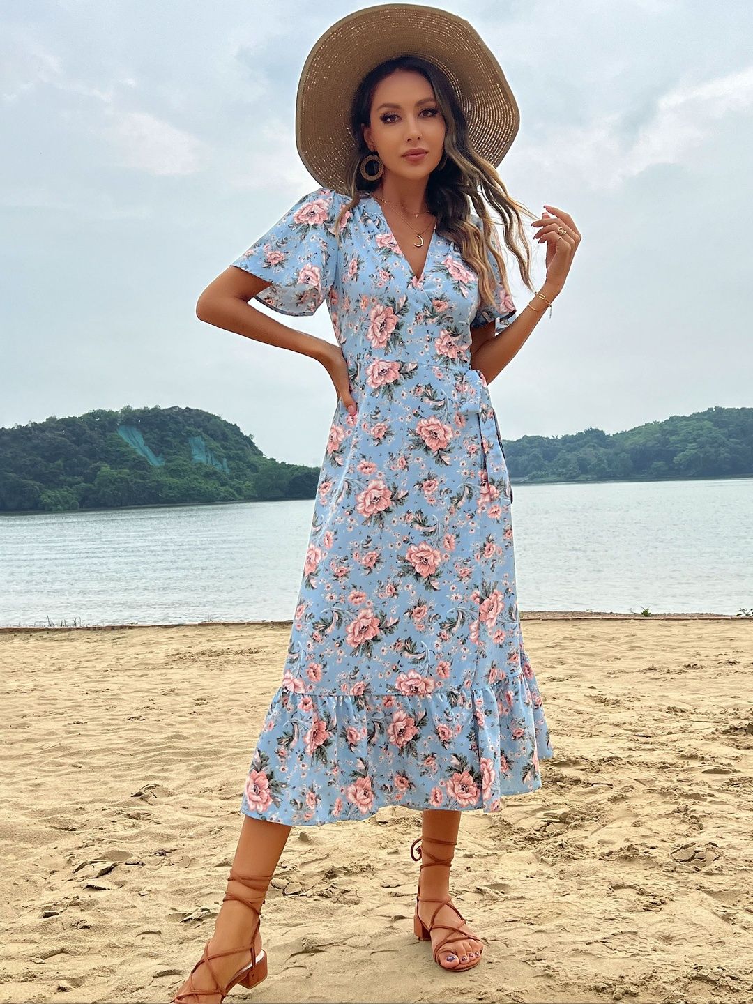 Floral Print Puff Sleeve Ruffled Midi Dress in Blue cotton - Nowi Korean Fashion