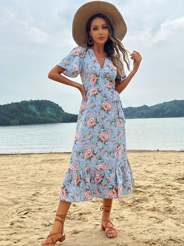 Floral Print Puff Sleeve Ruffled Midi Dress in Blue cotton - Nowi Korean Fashion