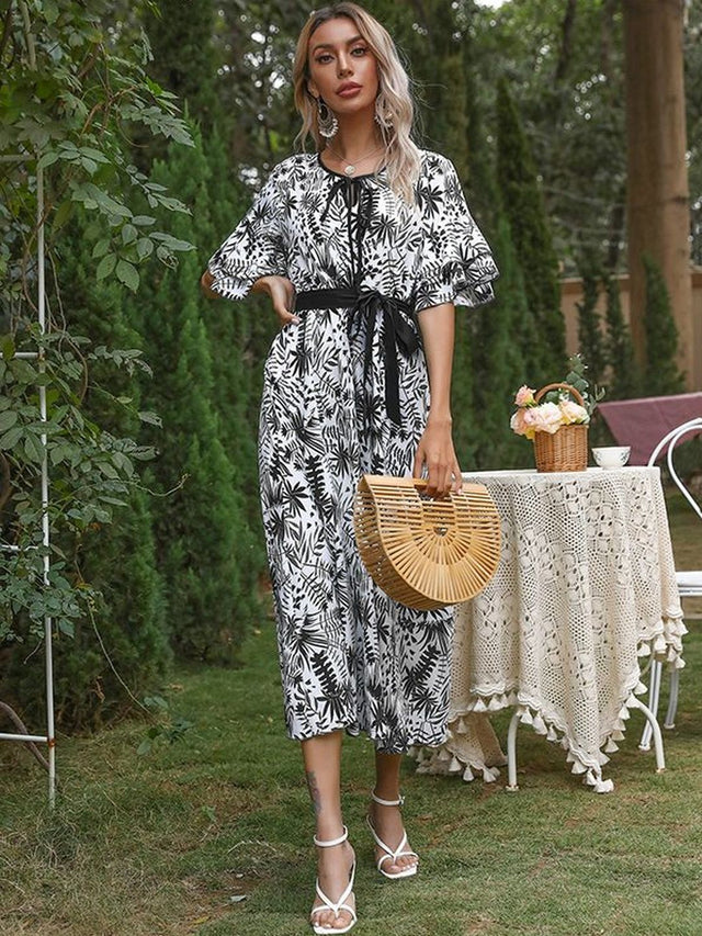 Floral Print Flared Sleeve A-Line Midi Dress in White cotton - Nowi Korean Fashion
