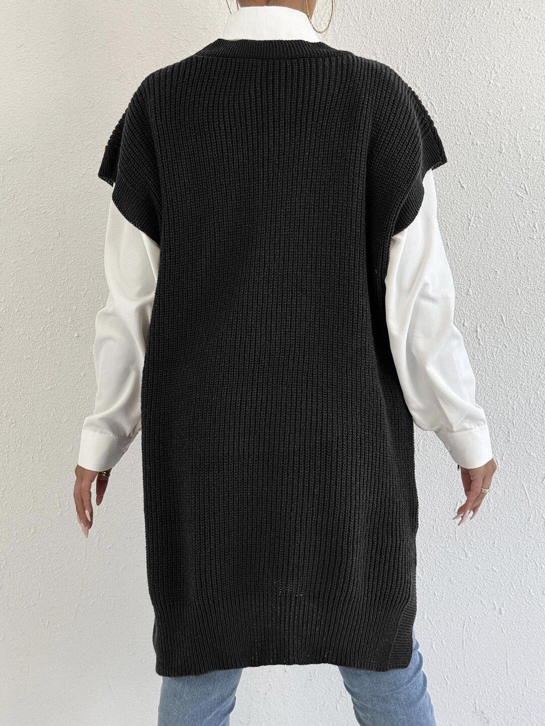 Women Ribbed Longline Sweater Vest with Applique Detail