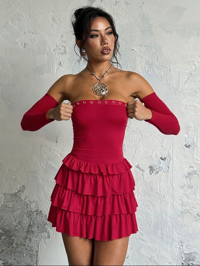 Ruffled Bodycon Mini Dress in Red polyester - Nowi Korean Fashion