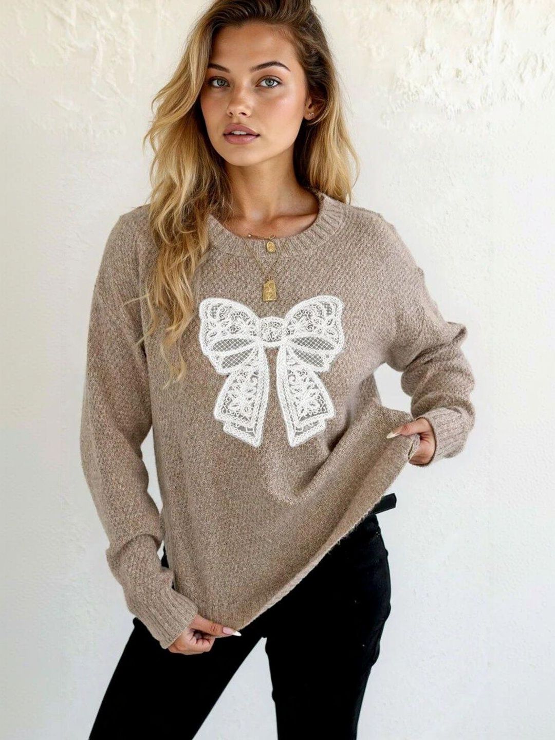 Cable Knit Pullover with Embroidered Detail in Brown acrylic - Nowi Korean Fashion