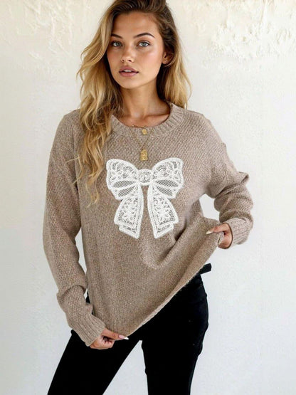 Cable Knit Pullover with Embroidered Detail in Brown acrylic - Nowi Korean Fashion