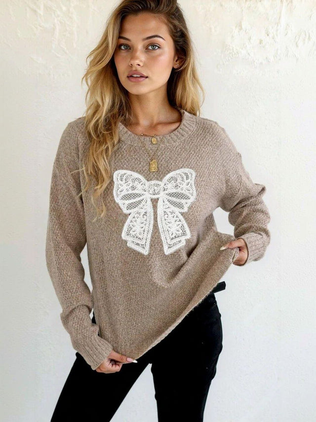 Cable Knit Pullover with Embroidered Detail in Brown acrylic - Nowi Korean Fashion
