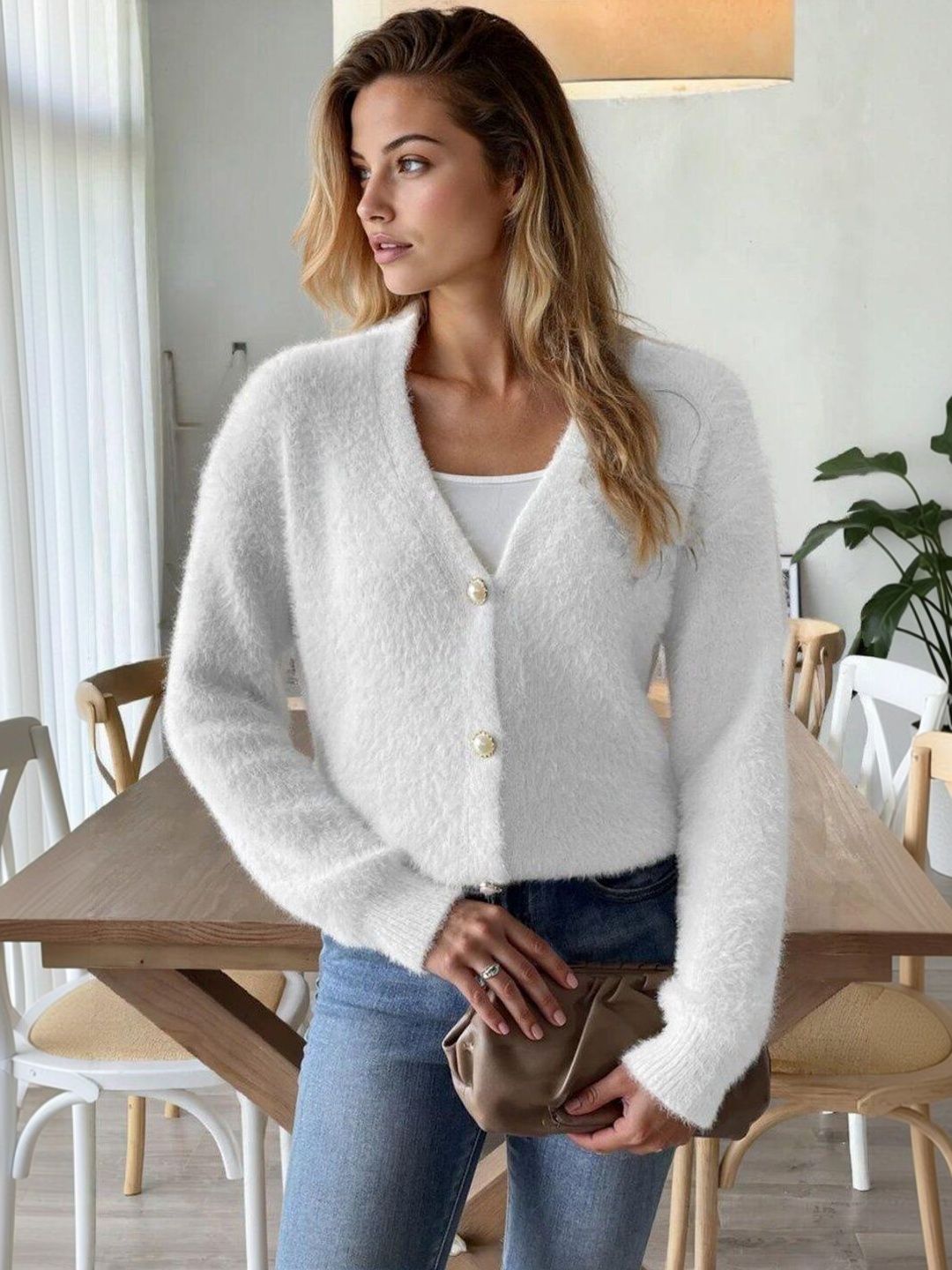 Cardigan with Fuzzy Detail in White acrylic - Nowi Korean Fashion