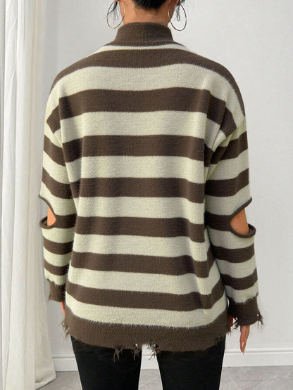 Women's Brown Striped Pullover Blend Regular Fit