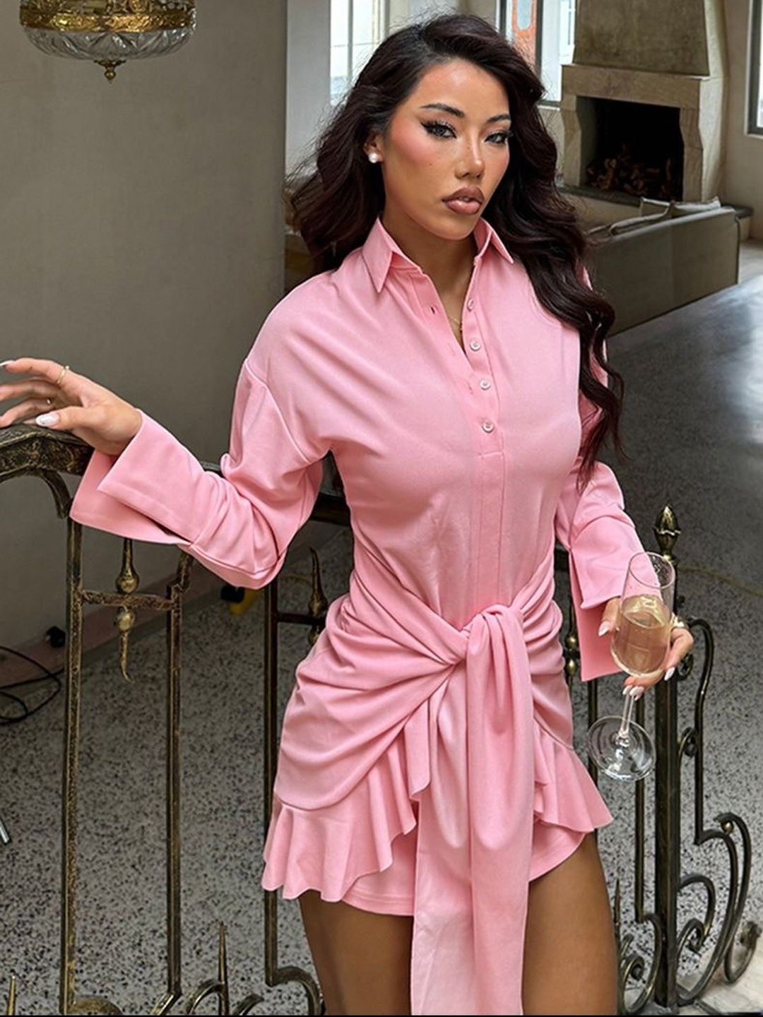 Ruffled Shirt Mini Dress in Pink cotton - Nowi Korean Fashion