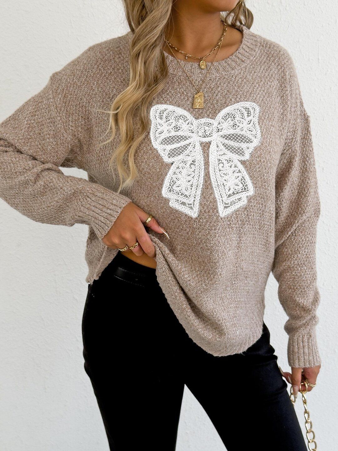 Women Cable Knit Pullover with Embroidered Detail