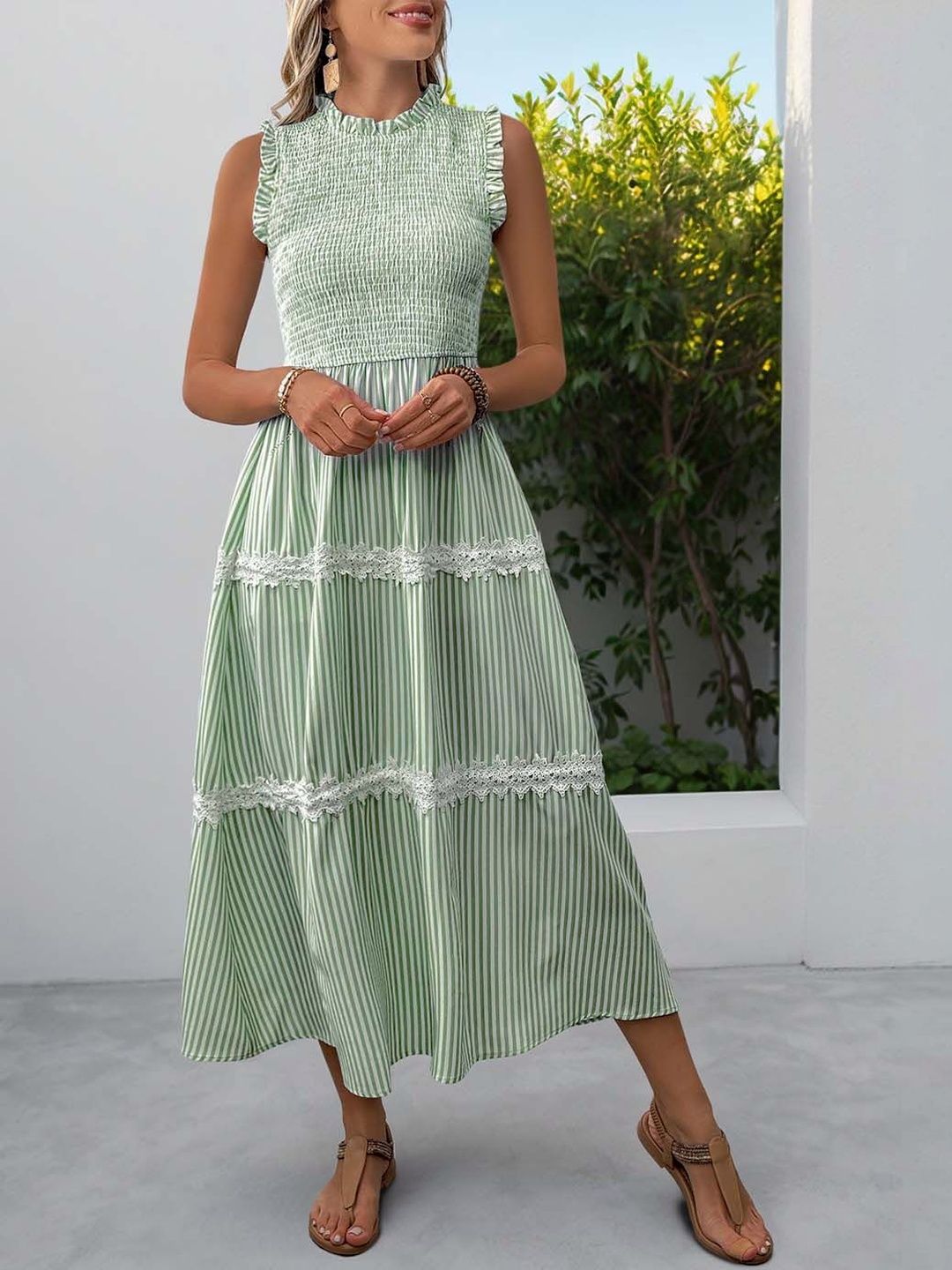 Striped Flutter Sleeve A-Line Midi Dress