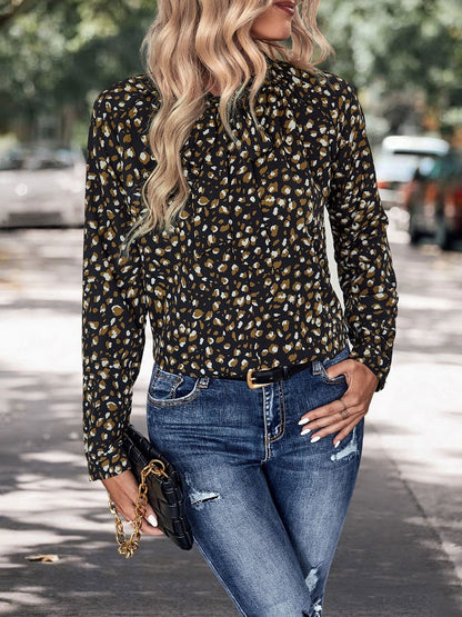 Women's Black Animal Print Tie-Up Neck Top