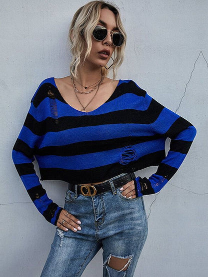 Women's Blue Striped Crop Pullover