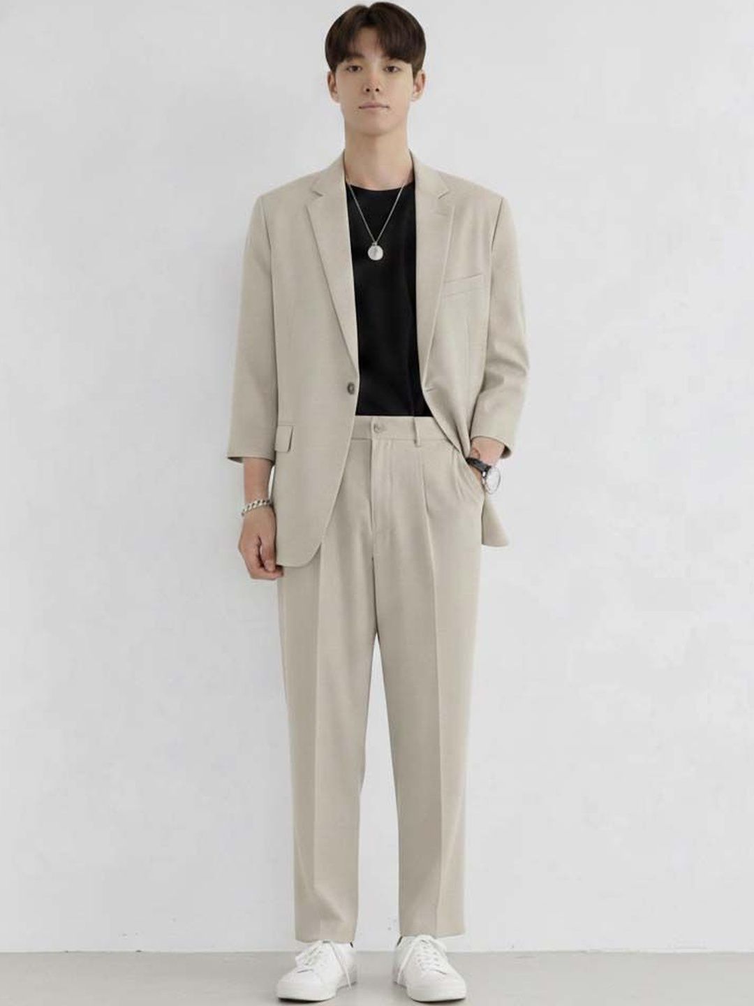 Solid Blazer with Trousers in Beige - Nowi Korean Fashion