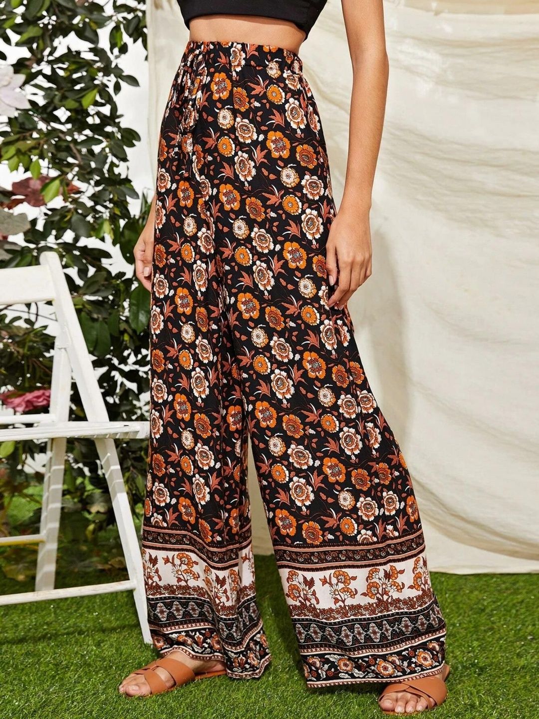 NOWI Women Floral Printed High-Rise Loose Fit Wide Leg Trousers