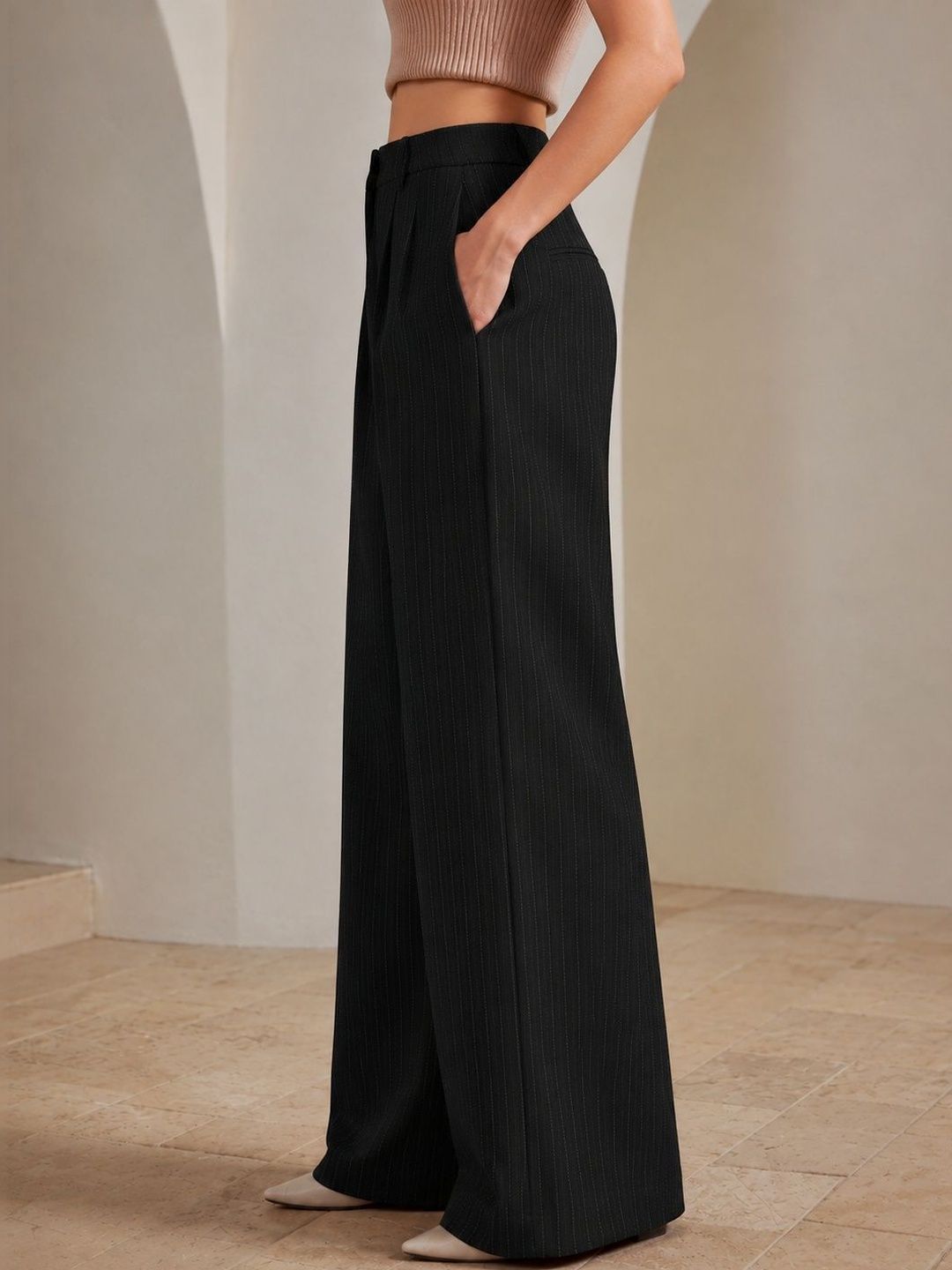 Women Striped Relaxed High-Rise Pleated Trousers
