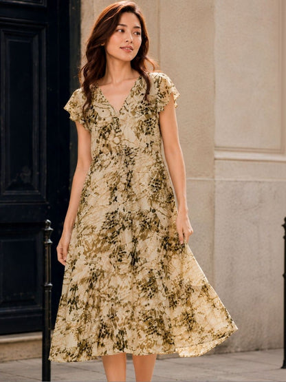 Print Flutter Sleeve Fit & Flare Midi Dress