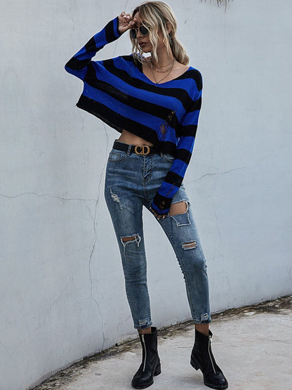 Striped Crop Pullover in Blue - Nowi Korean Fashion