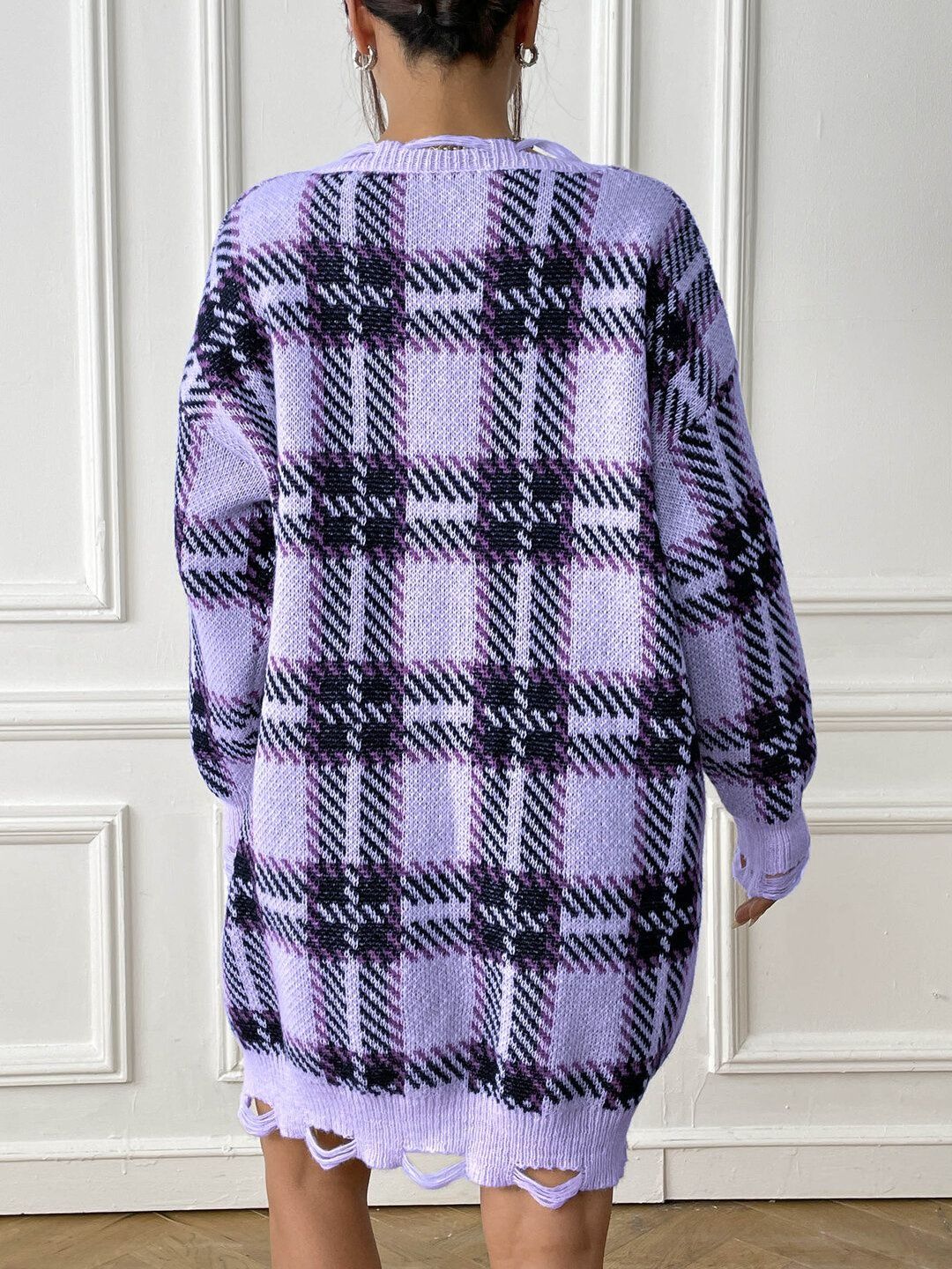 Women Checked Pullover with Fringed Detail