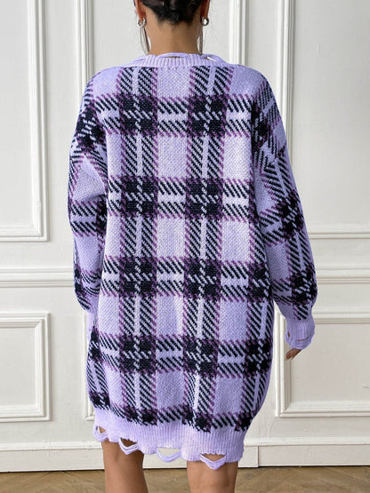 Women Checked Pullover with Fringed Detail