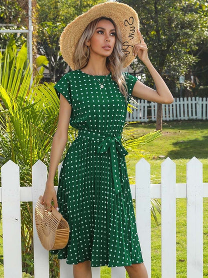 Polka Dot Print Fit & Flare Midi Dress in Green polyester Style 28 - Nowi Korean Fashion