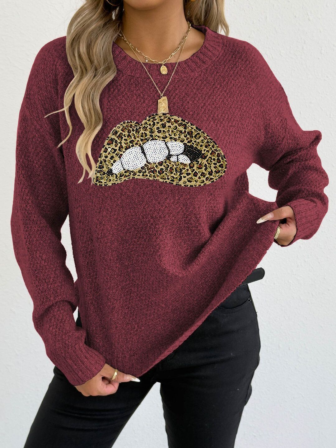 Animal Printed Pullover with Embellished Detail in Maroon acrylic - Nowi Korean Fashion