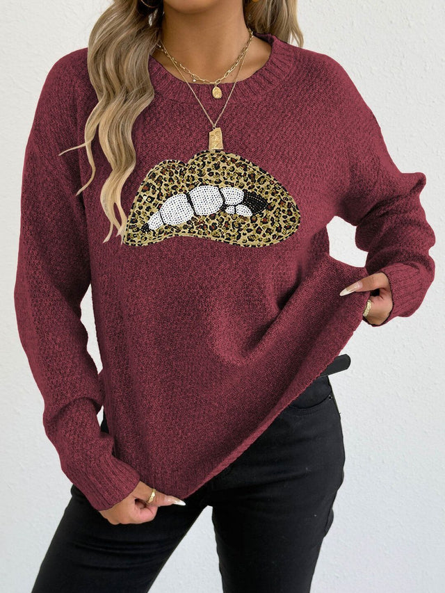 Animal Printed Pullover with Embellished Detail in Maroon acrylic - Nowi Korean Fashion