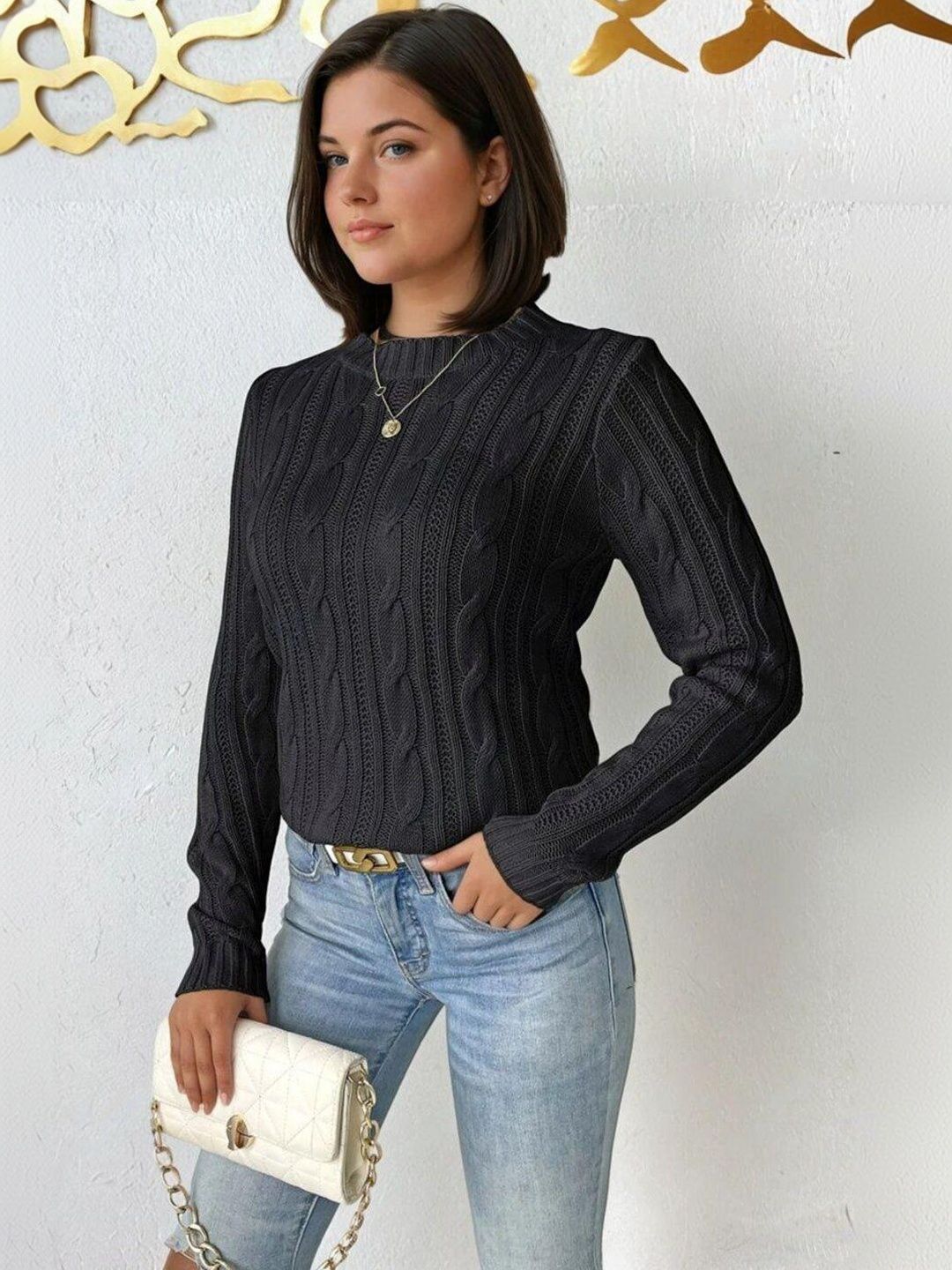 Cable Knit Ribbed Pullover in Black acrylic - Nowi Korean Fashion