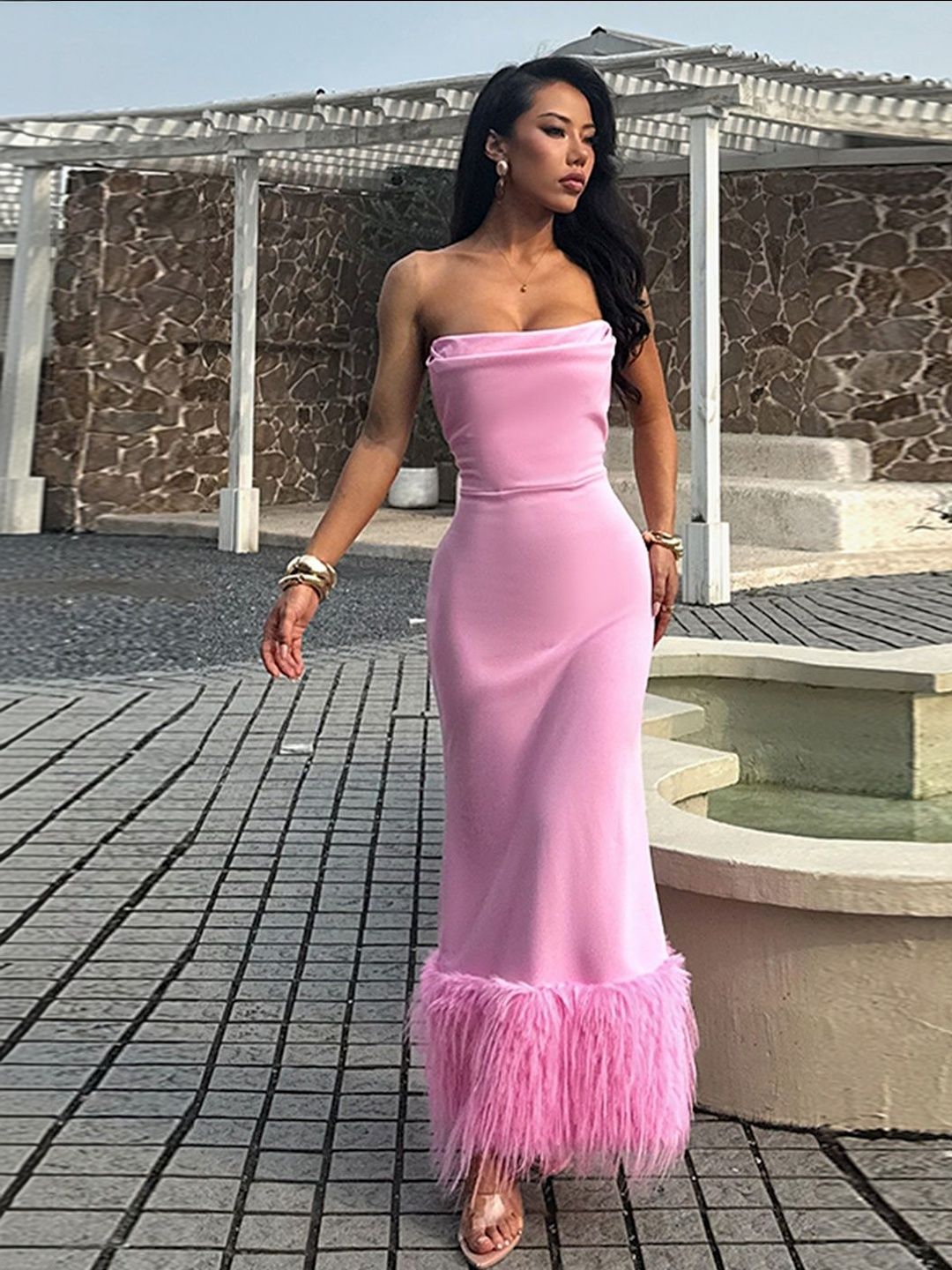 Women's Pink Fringed Bodycon Maxi Dress