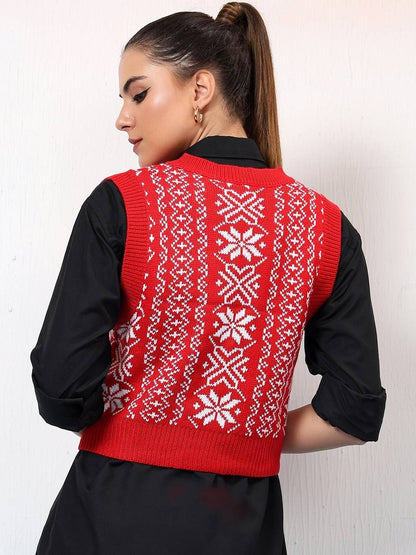 NOWI Women Fair Isle Printed Woollen Crop Sweater Vest