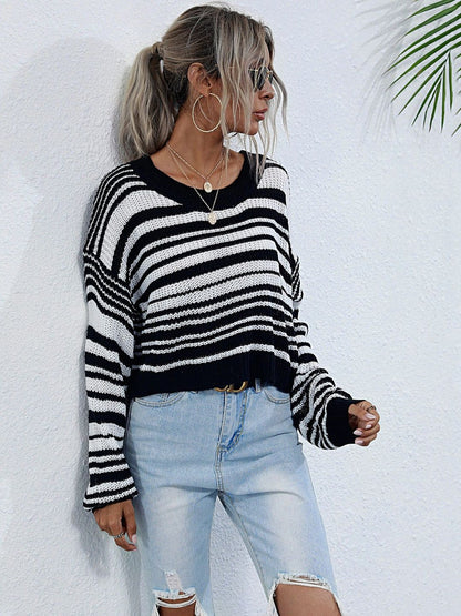 Women's Black Striped Crop Pullover