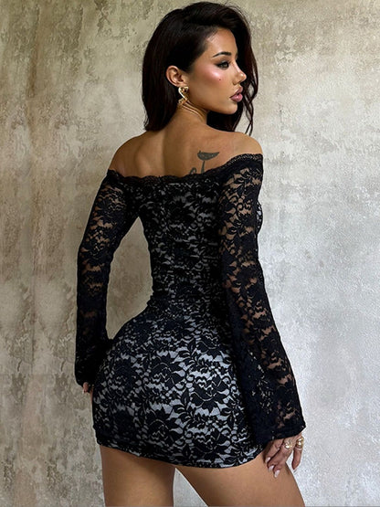 Embroidered Off-Shoulder Flared Sleeve Bodycon Mini Dress