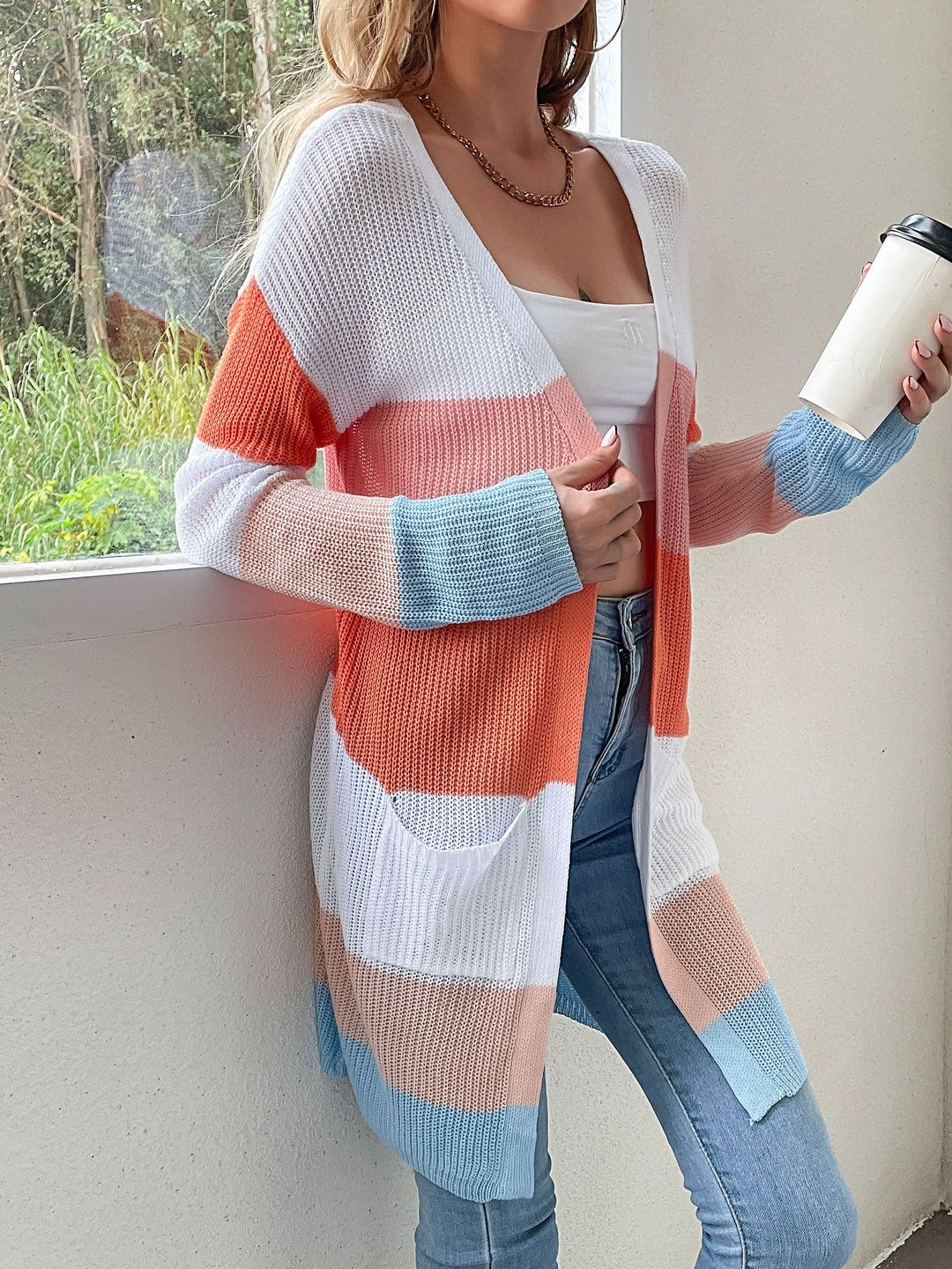 Women's Pink Striped Cardigan