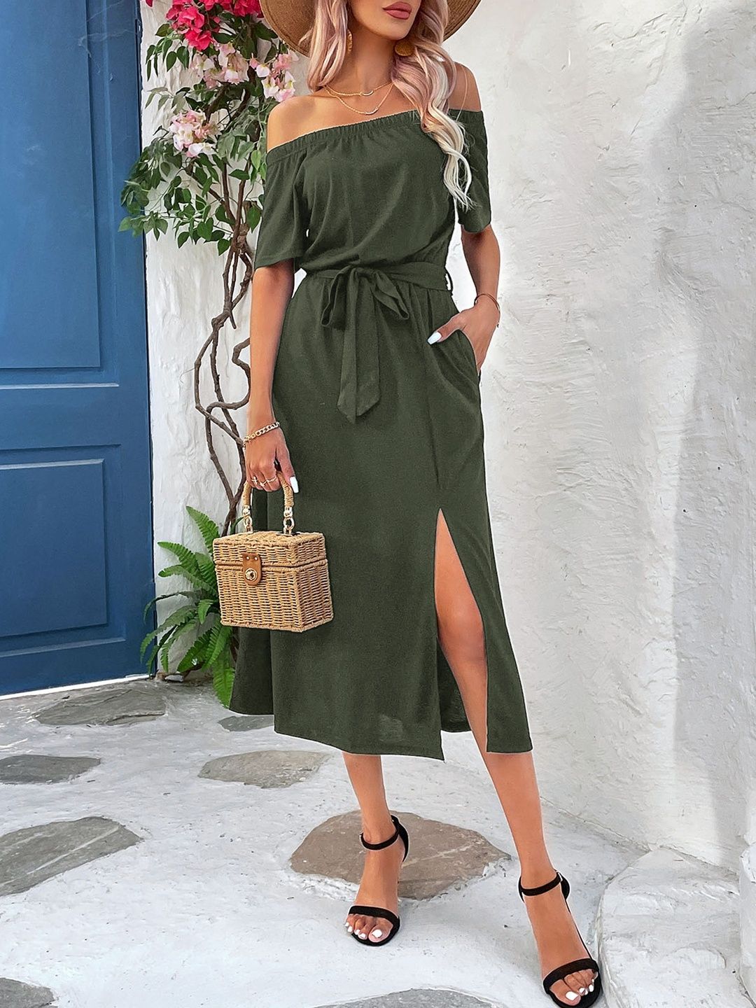 Off-Shoulder Fit & Flare Midi Dress