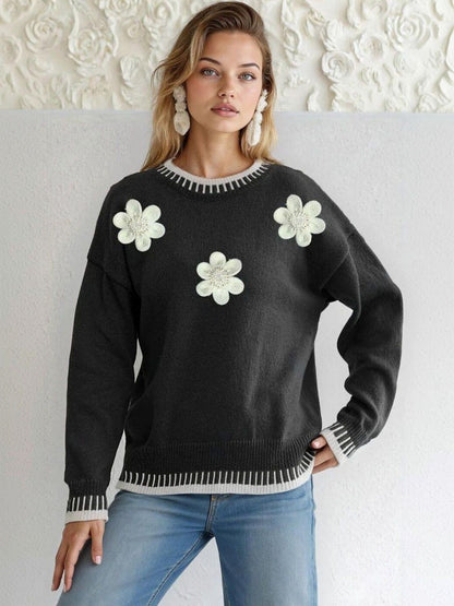 Floral Pullover with Applique Detail in Black acrylic - Nowi Korean Fashion