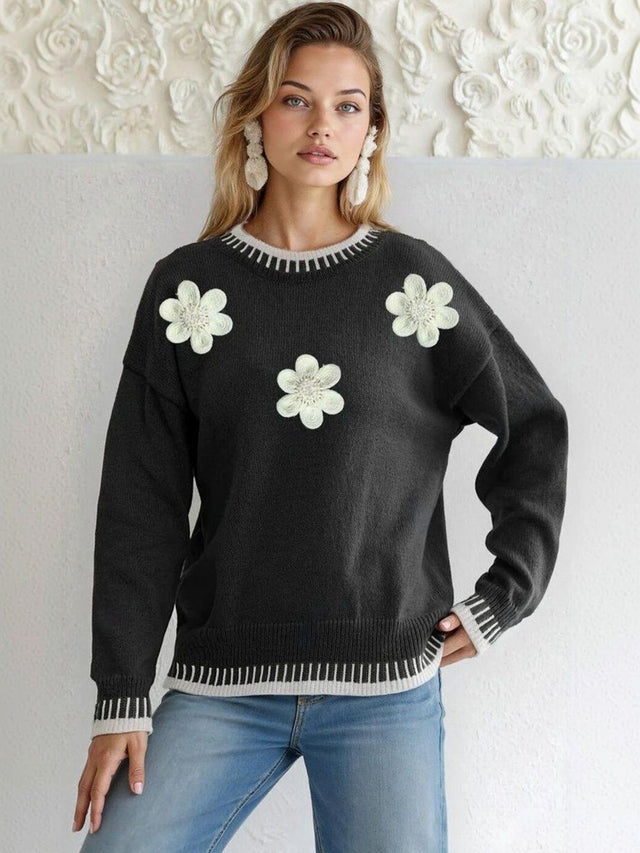 Floral Pullover with Applique Detail in Black acrylic - Nowi Korean Fashion