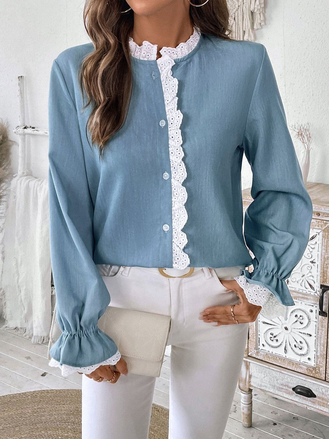 Women's Blue Bishop Sleeves Ruffles Victorian Cotton Top