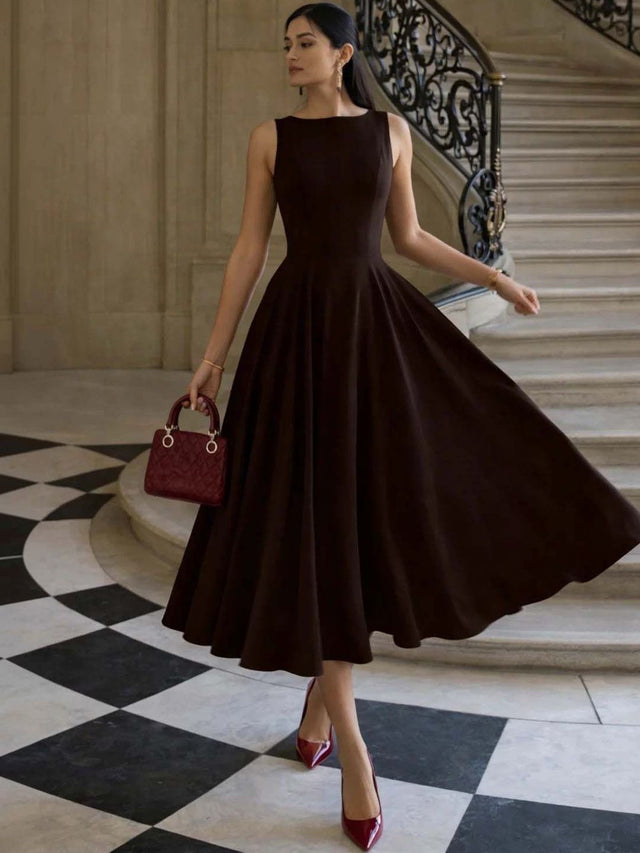Fit & Flare Midi Dress in Brown polyester - Nowi Korean Fashion
