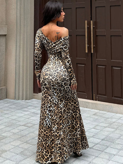 NOWI Animal Print One Shoulder Bodycon Maxi Dress