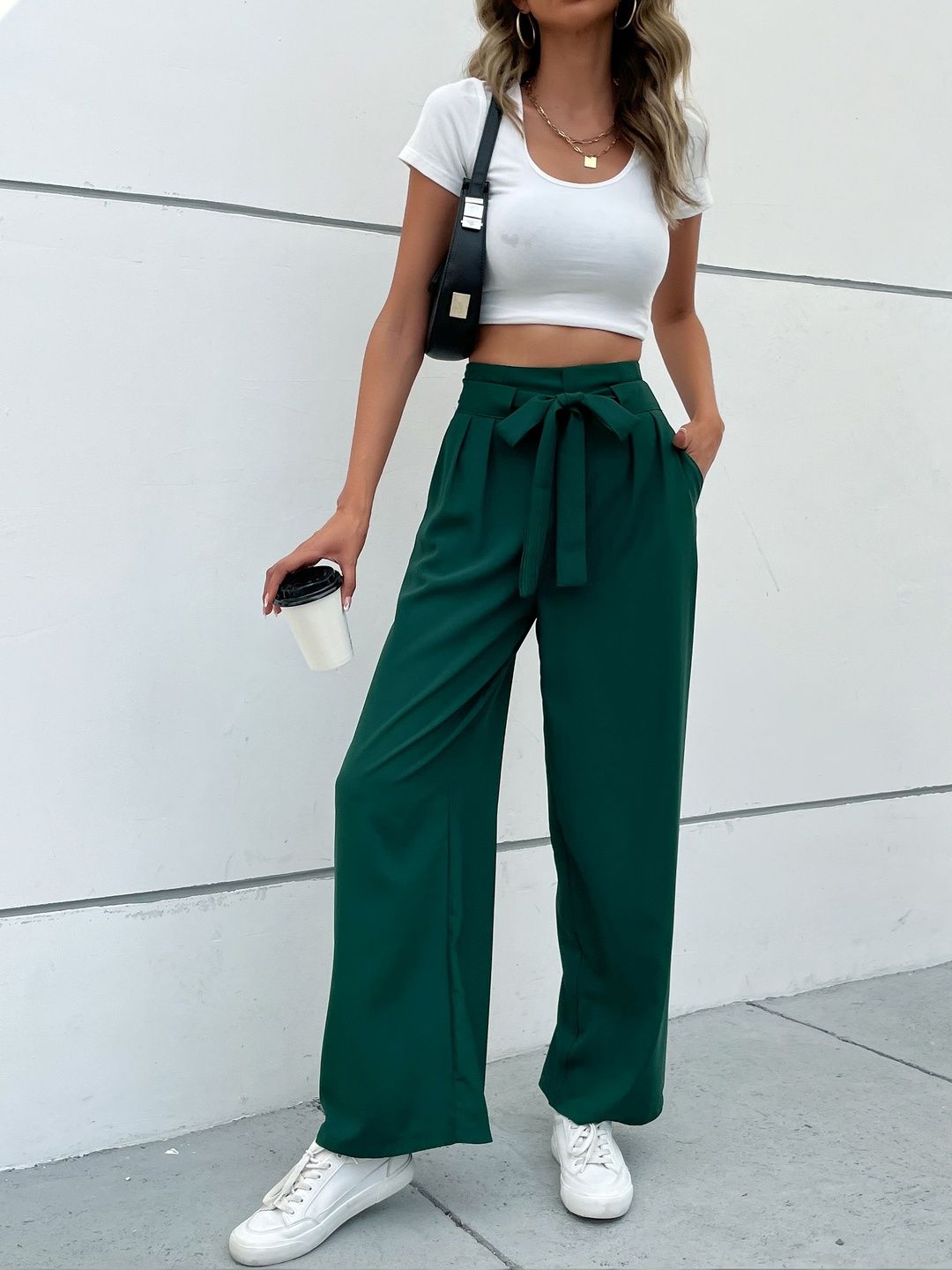 Non Iron Pleated Trousers in Green polyester - Nowi Korean Fashion