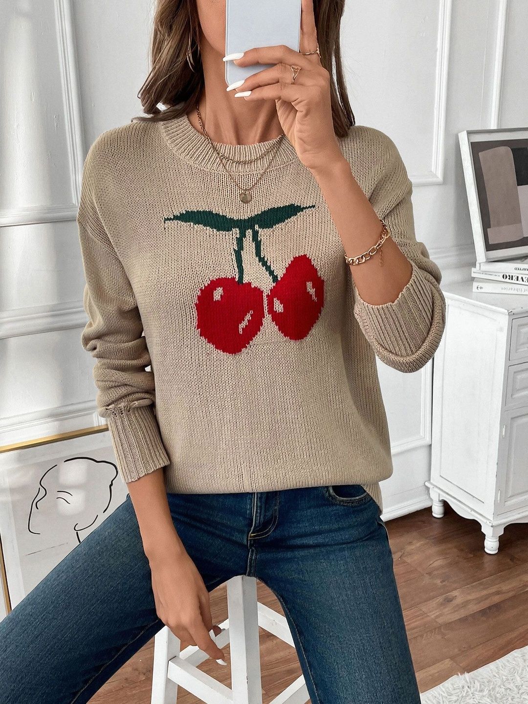 Women's Beige Printed Pullover