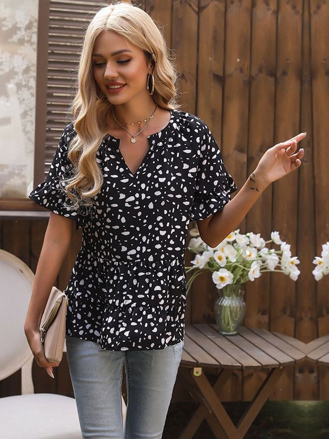 Print Flutter Sleeve Cotton Peplum Top