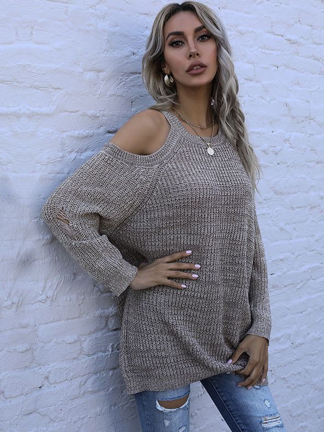 Women's Beige Pullover Blend Printed Regular Fit
